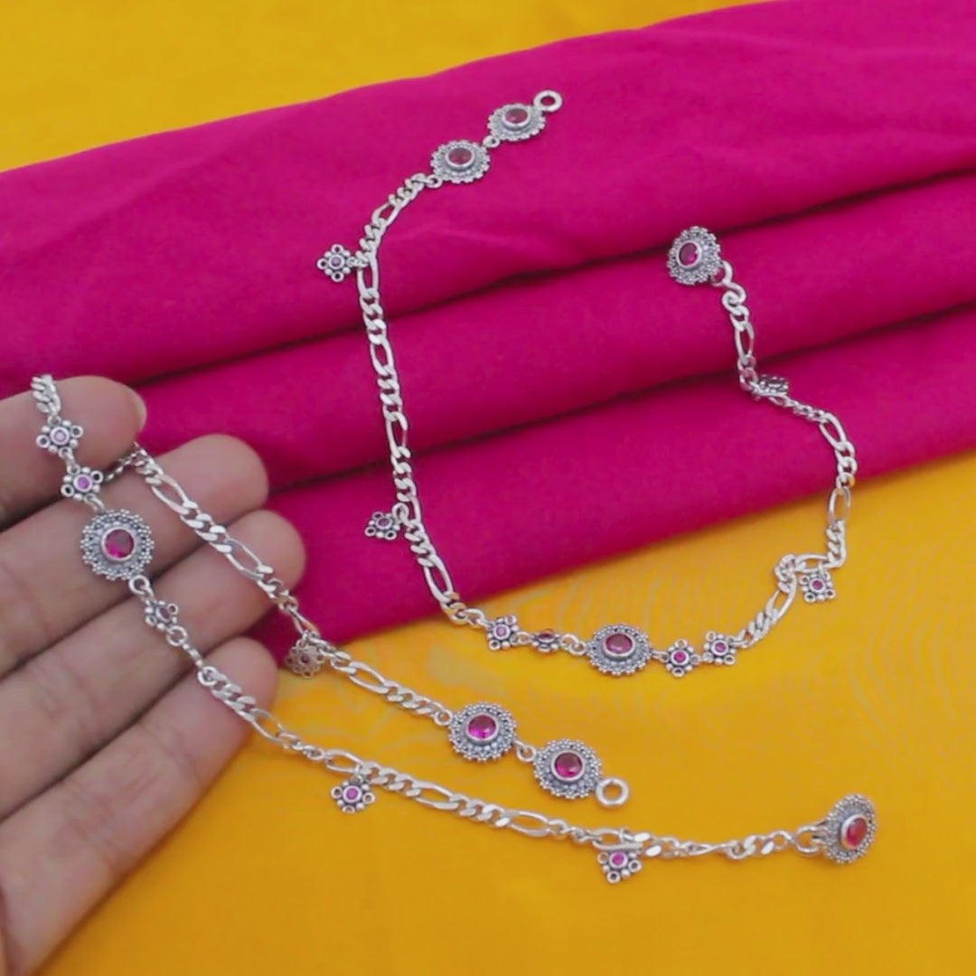 Classic Figaro Style Pink CZ Anklet Pair – 925 Sterling Silver Oxidized Finish 10.3 Inch