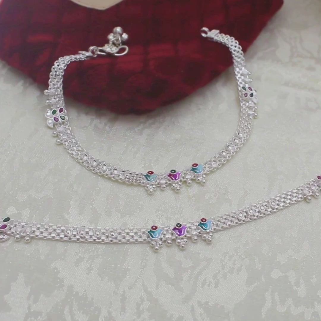 Real Silver Green Pink CZ  Meenakari Enamel Work Anklet for Women