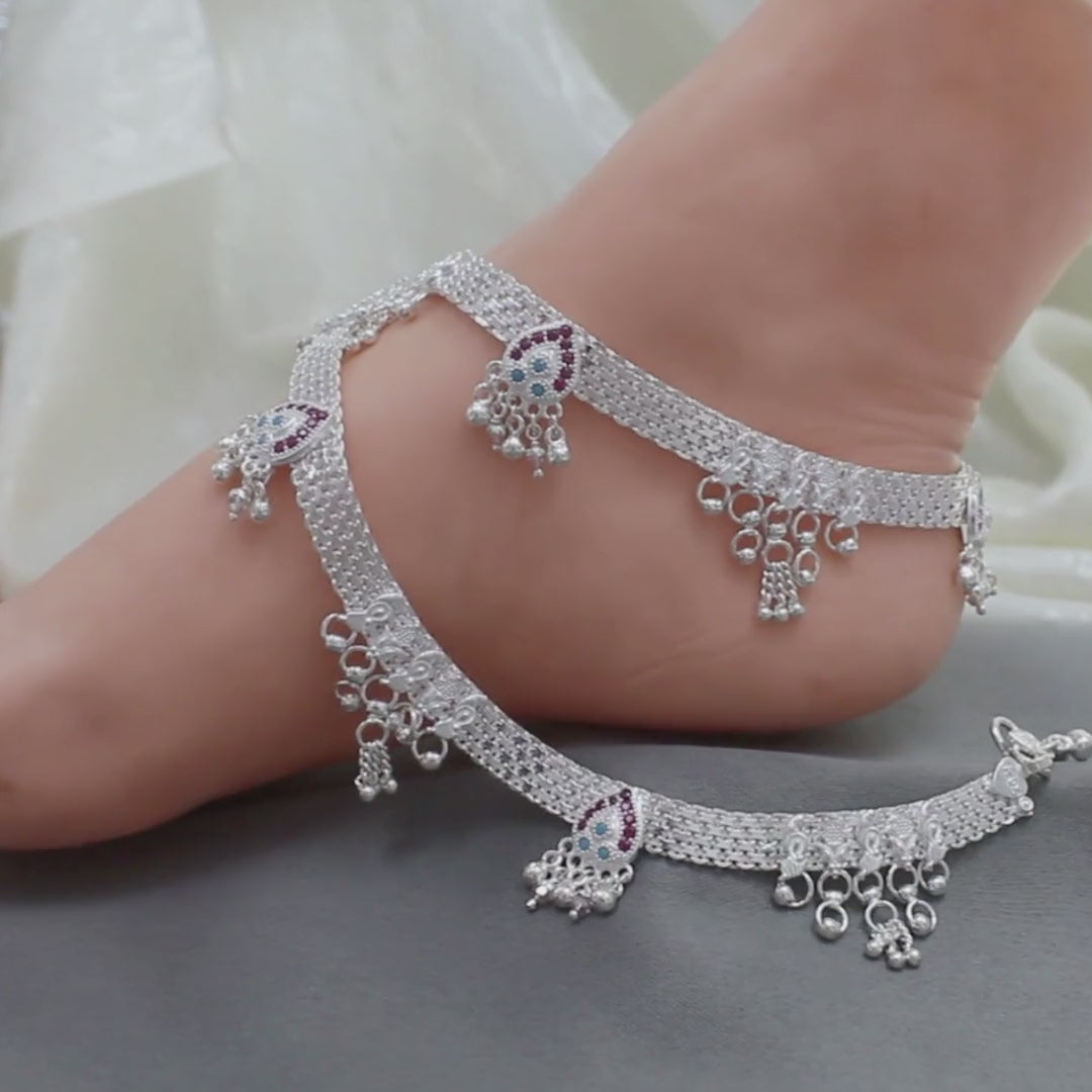 Real Sterling Silver Indian women Bridal Look Pink CZ Anklet Ankle Pair 10.3"
