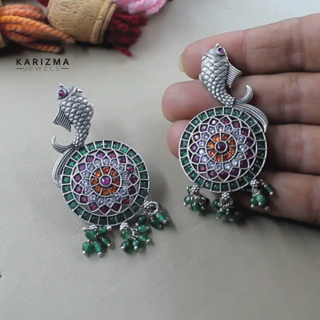 Fish Style Real 925 Sterling Silver Oxidized Kundan Earrings