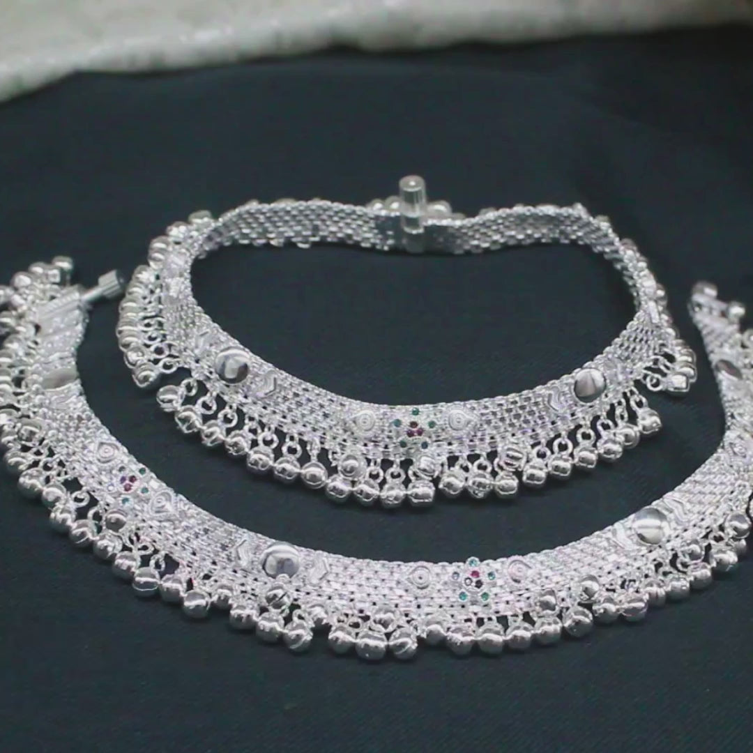 Real Silver Traditional Indian Bridal Blue Pink CZ Anklet Pair - 9.8 inch