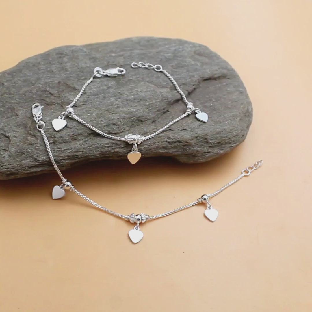 925 Sterling Silver Dangle Heart Charm Kids Anklet Pair- 6"