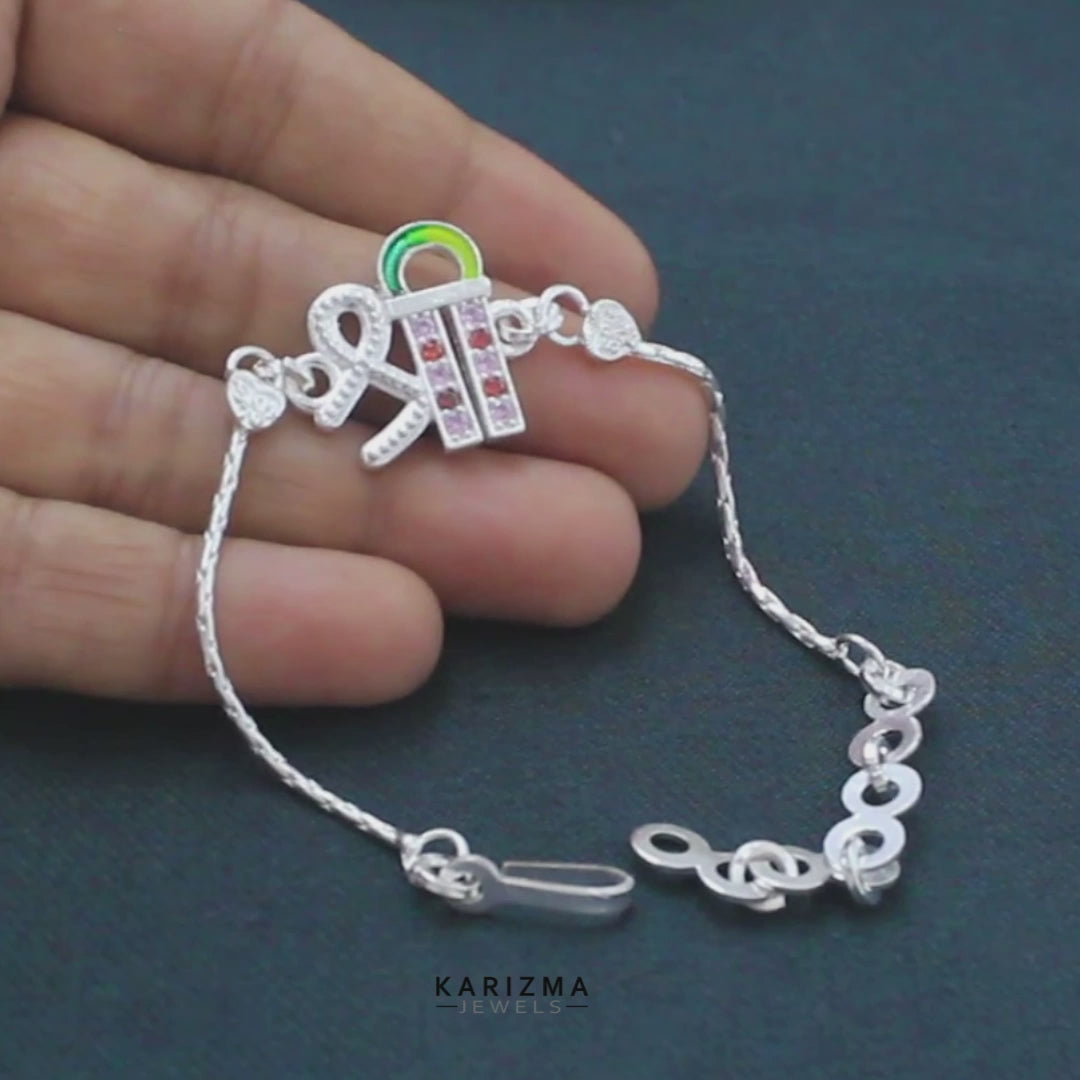 Real Silver Bracelet gorgeous Multi Cz Shree Rakhi 6"