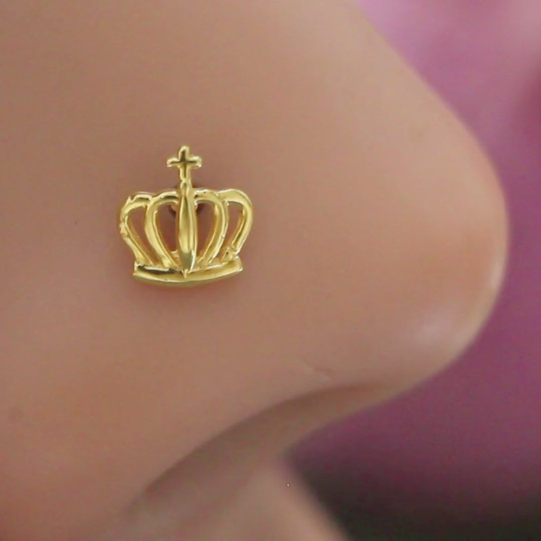 Indian 18K Real Solid Gold crown Nose stud cum Earring Gold Screw Back