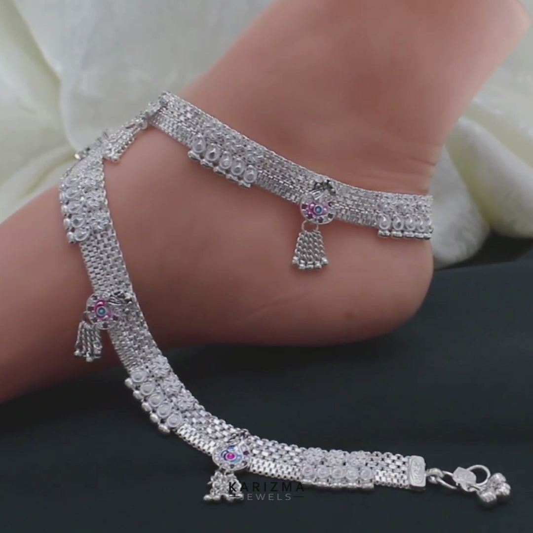 Real Sterling Silver Indian women cultural design party wear pink white CZ Anklets Ankle Pair 10.3"