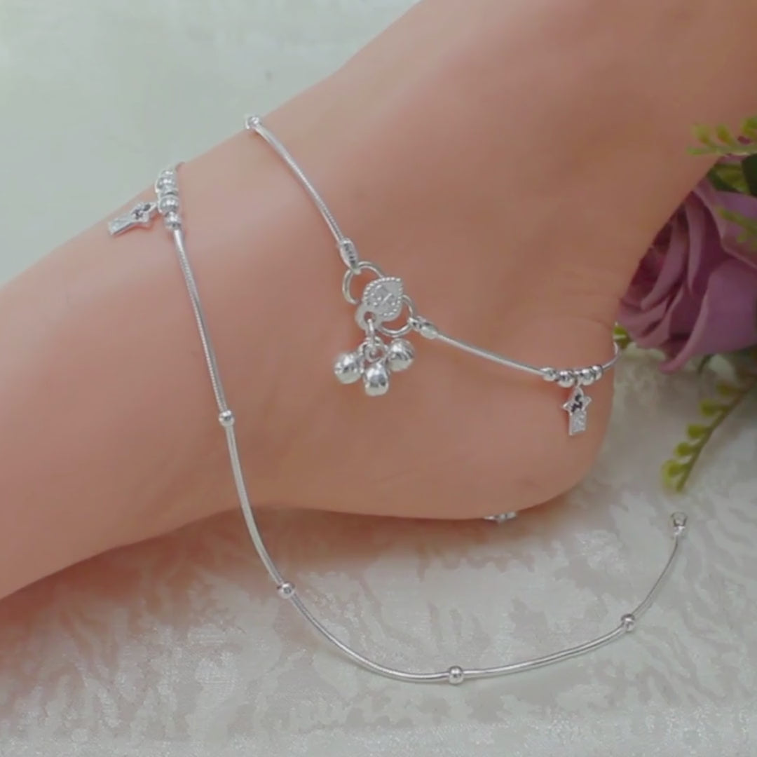 Designer Real Silver Multi CZ Charm Anklet - 10.3 in