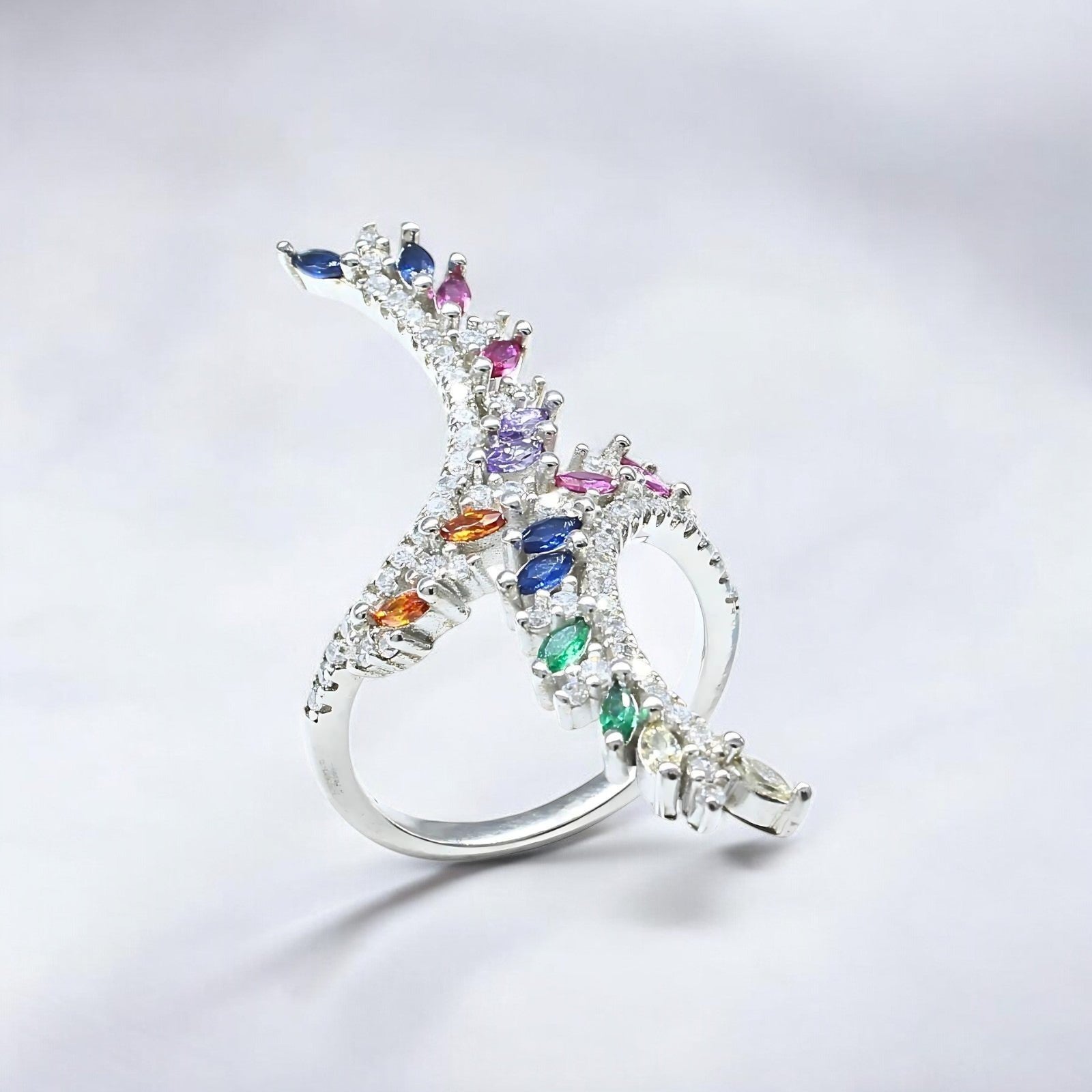 Real 925 Sterling Silver Multi CZ Women big Cocktail Ring