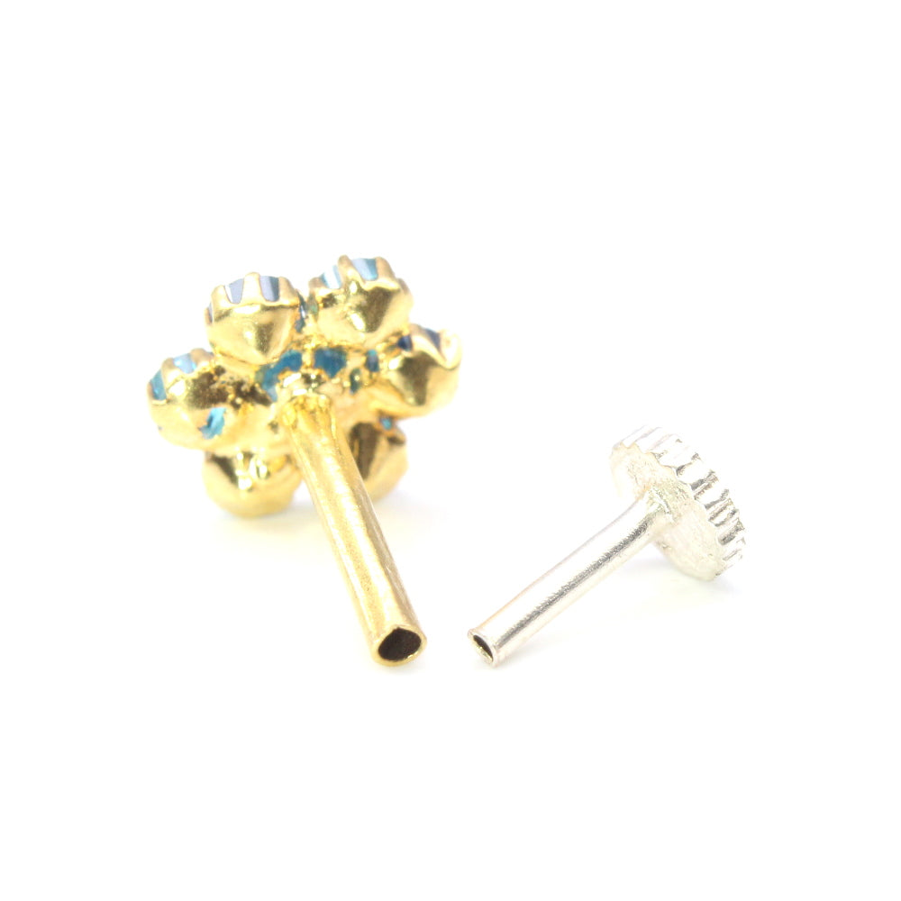 Gold Blue CZ Nose Stud Nose Pin Solid 14k Yellow Gold