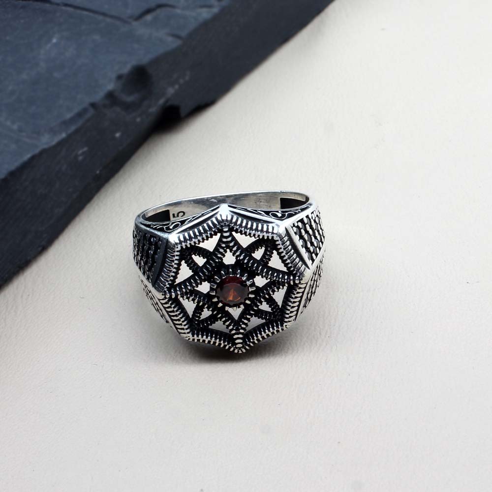 Gothic Style 925 Sterling Silver Oxidized Black Red CZ Men's ring