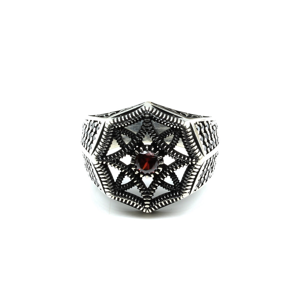 Gothic Style 925 Sterling Silver Oxidized Black Red CZ Men's ring