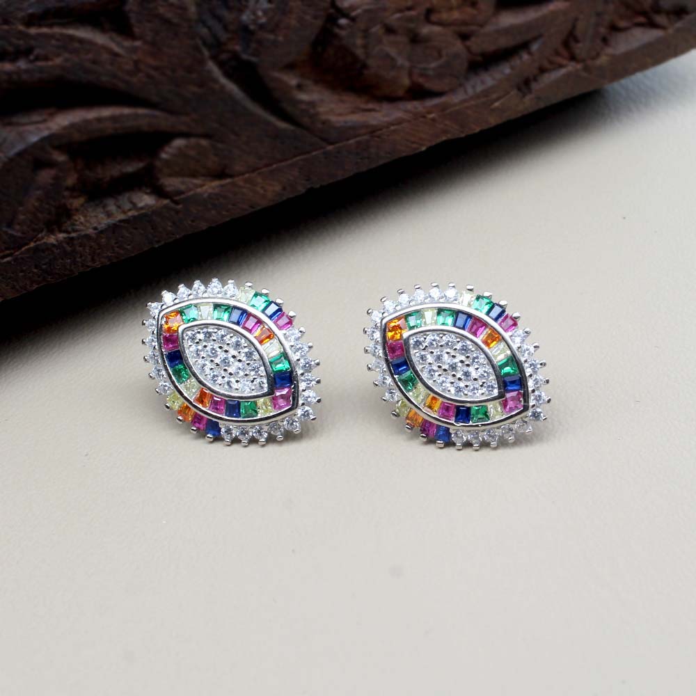 Real 925 Silver Rainbow Color CZ Stud Platinum Finish Earring