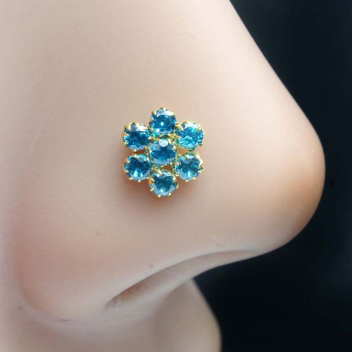 Round Flower Style Real Gold Blue CZ Nose Stud Nose Pin Solid 14k Yellow Gold