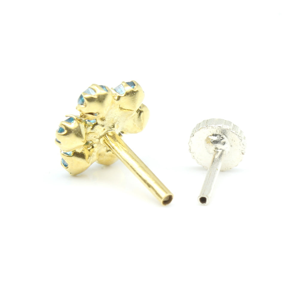 Round Flower Style Real Gold Blue CZ Nose Stud Nose Pin Solid 14k Yellow Gold