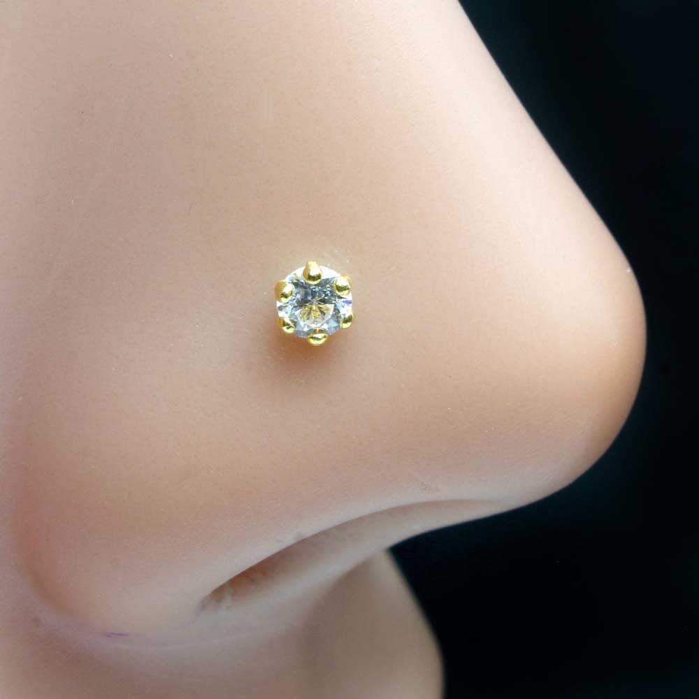 18ct Yellow Gold Faux Nose Ring Screw Back Nose Stud with White and Pi