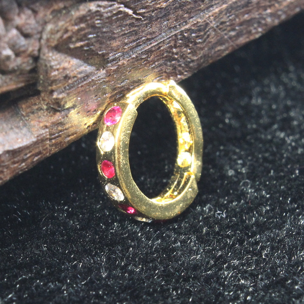 Cute Indian Nose Ring Pink White CZ Ethnic Gold Plated Clicker Hinged Nose Ring