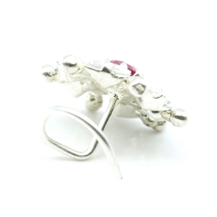 Real Silver Nose Stud Pink White CZ Corkscrew nose ring L Bend