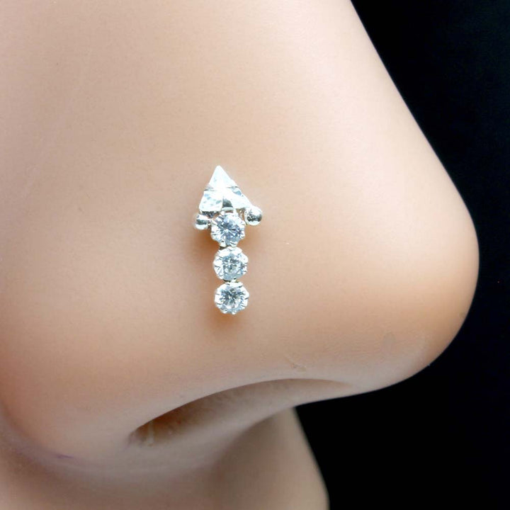 Sterling Silver Nose Stud White CZ Twisted nose ring L Bend
