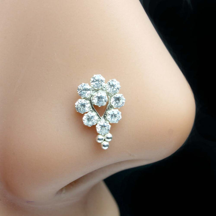 Real Solid Silver Nose Stud White CZ Twisted nose ring L Bend