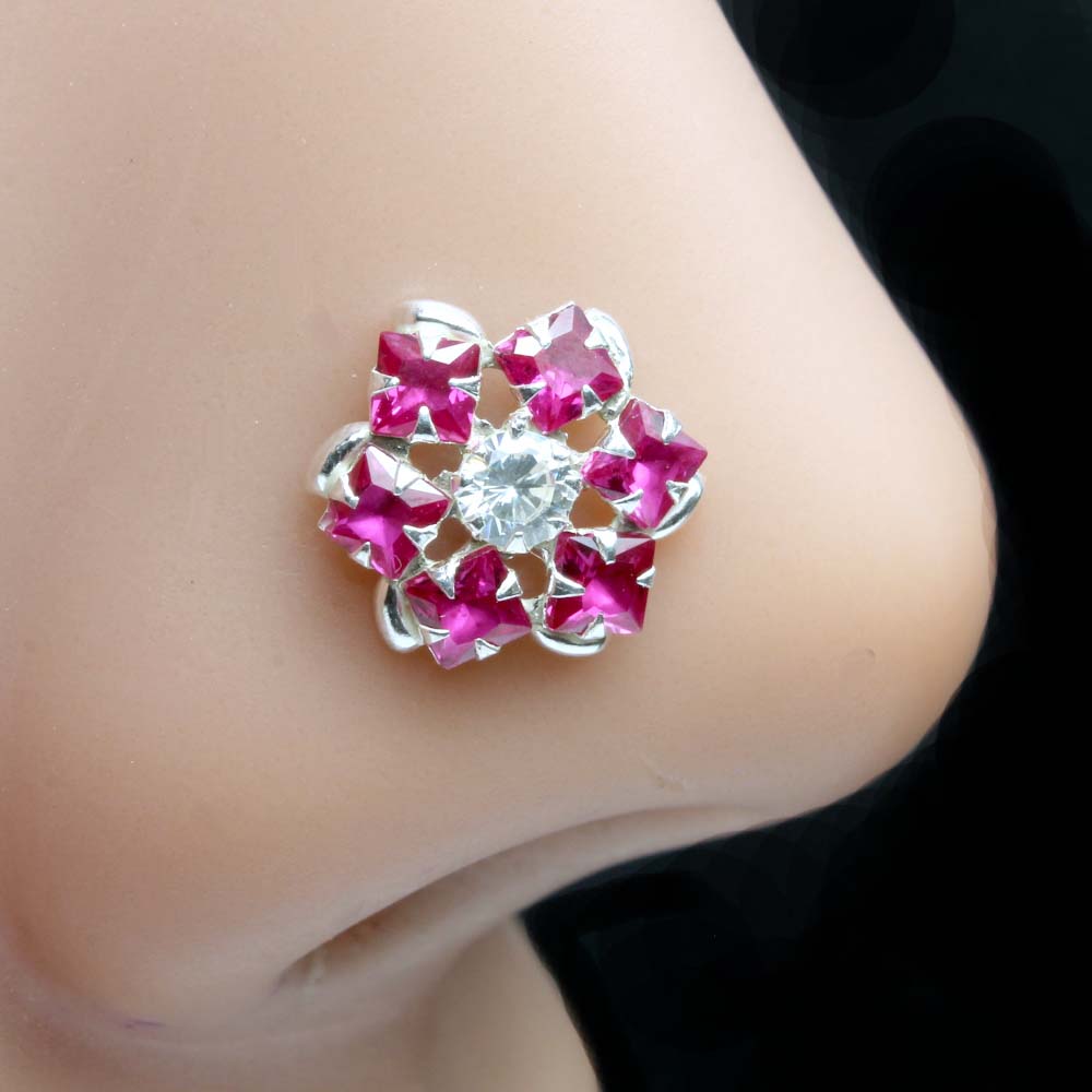 Floral Real 925 Silver Nose Stud CZ Twisted nose ring