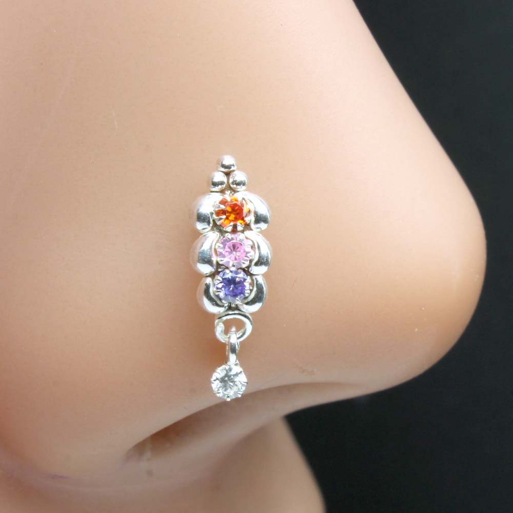 Beautiful Dangle  Real Silver Nose Stud CZ Twisted nose ring