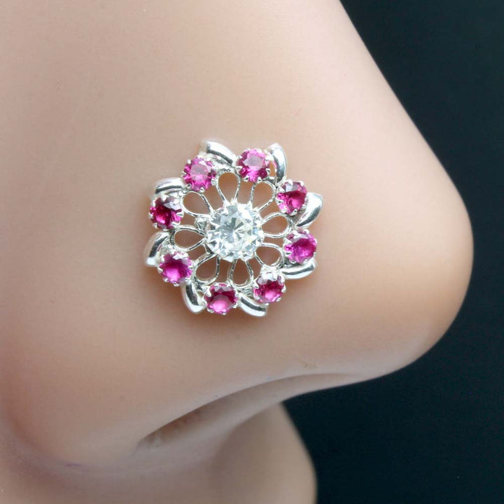 Real Solid Silver Nose Stud Pink White CZ Twisted nose ring