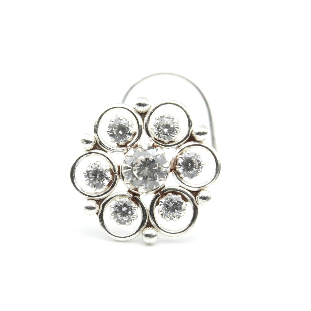 Floral Real 925 Silver Nose Stud White CZ Twisted nose ring