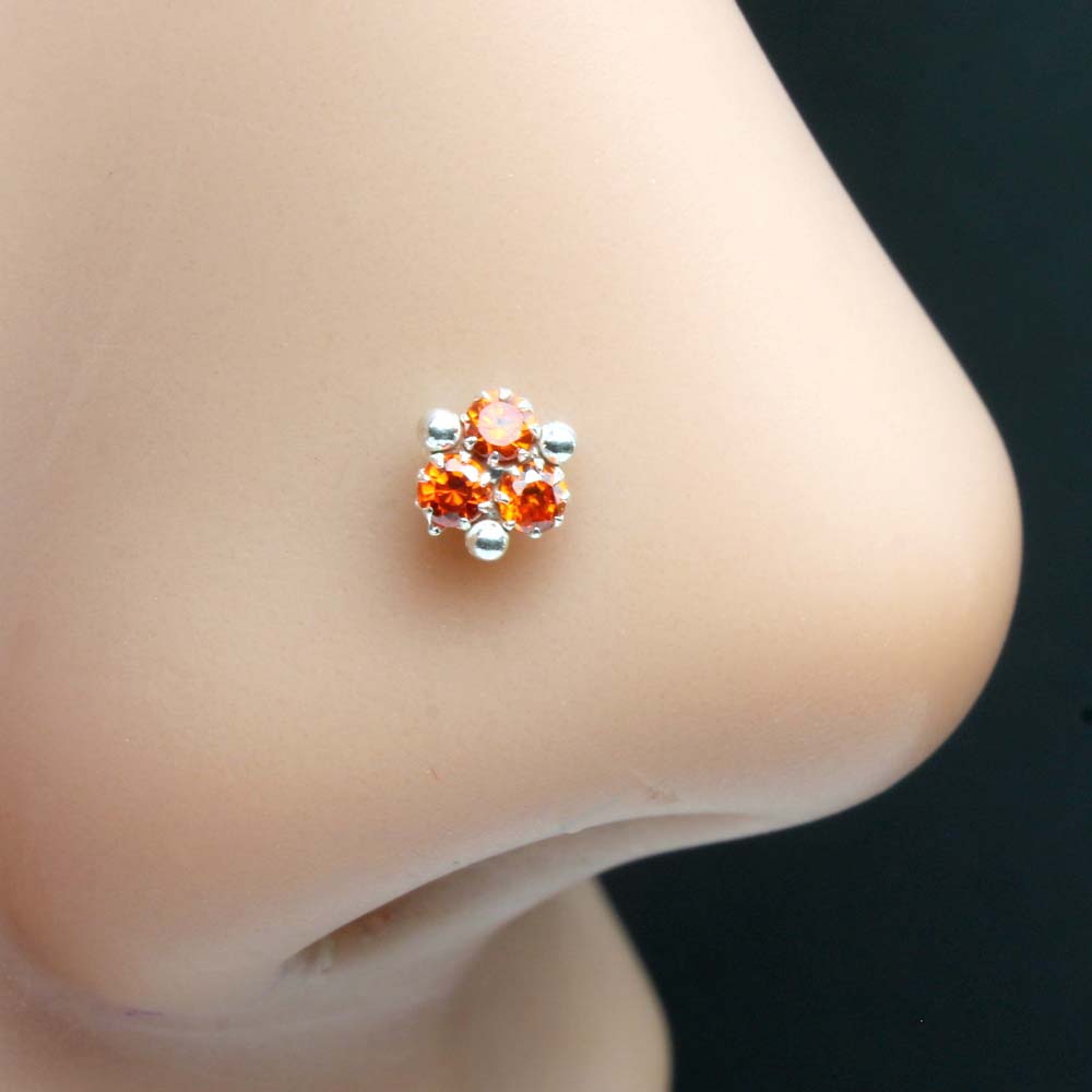 Small Real 925 Silver Nose Stud Orange CZ Twisted nose ring