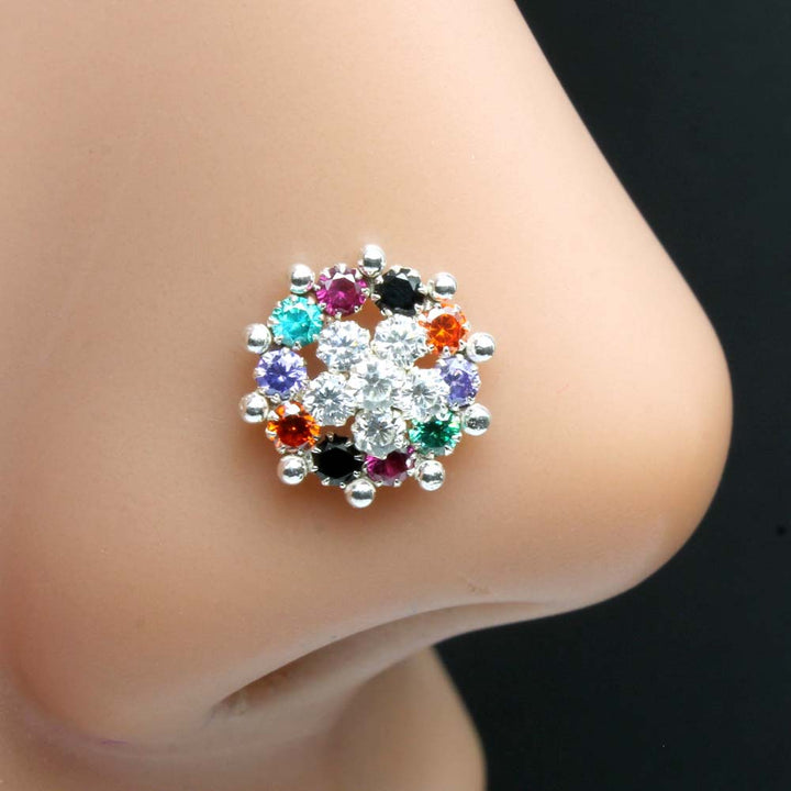Asian Style Real 925 Silver Nose Stud Multi CZ Twisted nose ring