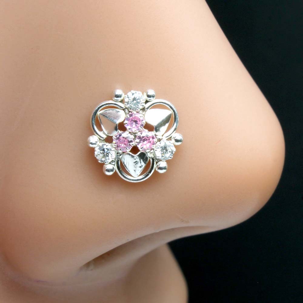 Indian Asian Real 925 Silver Nose Stud CZ Twisted nose ring