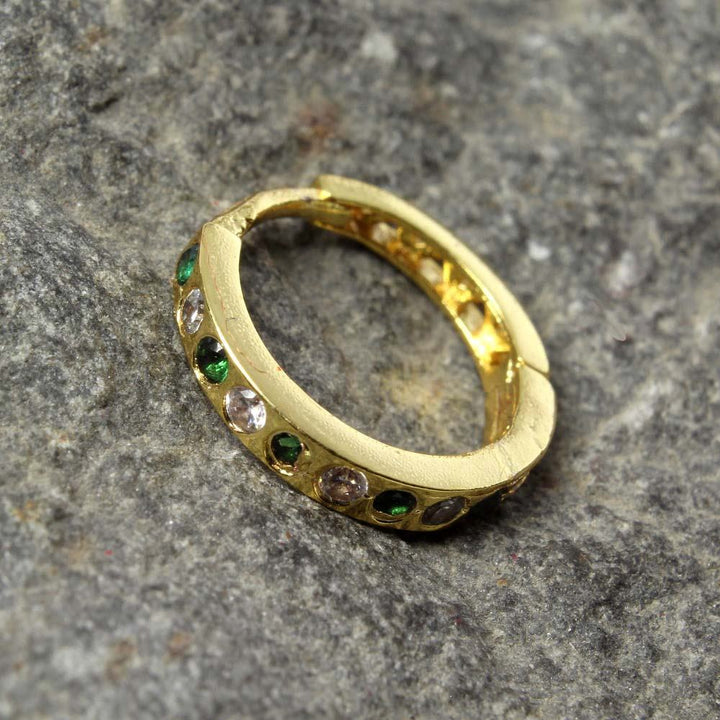 Cute Indian Style Nose Ring Green White CZ Gold Plated Clicker Hinged Nose Ring