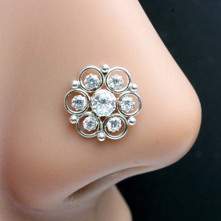 Real Cute 925 Sterling Silver White CZ Nose ring Push Pin