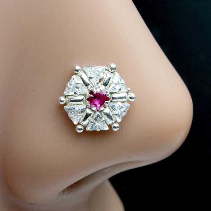 925 Sterling Silver Pink White CZ Studded Nose ring Push Pin