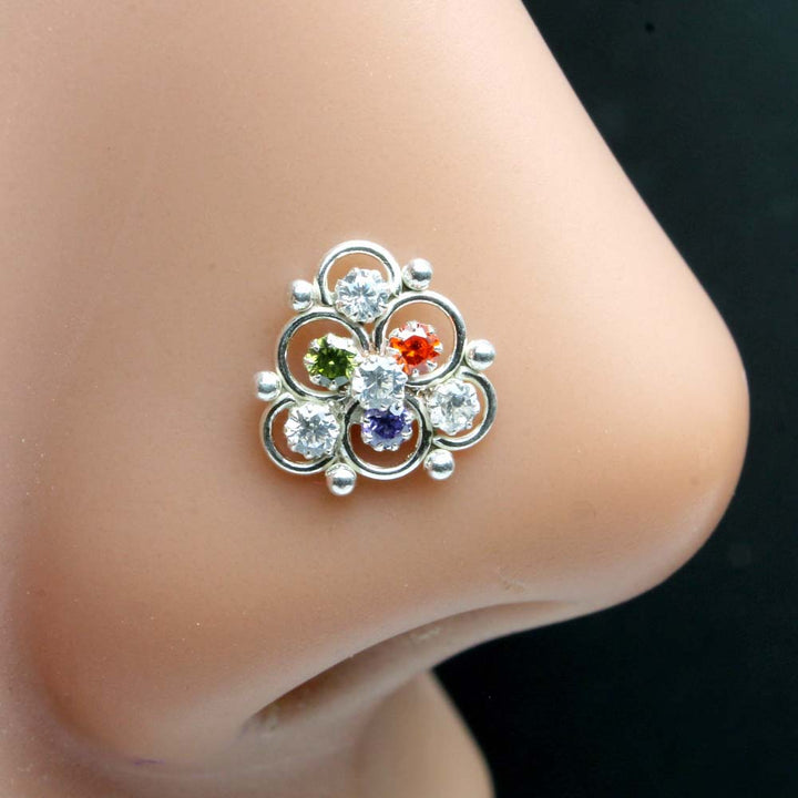 Cute 925 Sterling Silver Multi CZ Studded Nose ring Push Pin