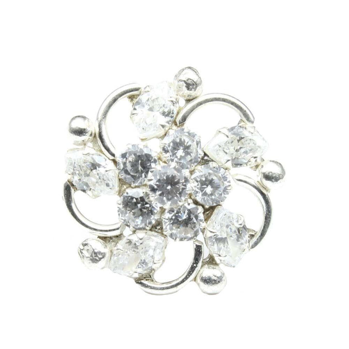 Cute Floral 925 Sterling Silver White CZ Studded Nose ring Push Pin