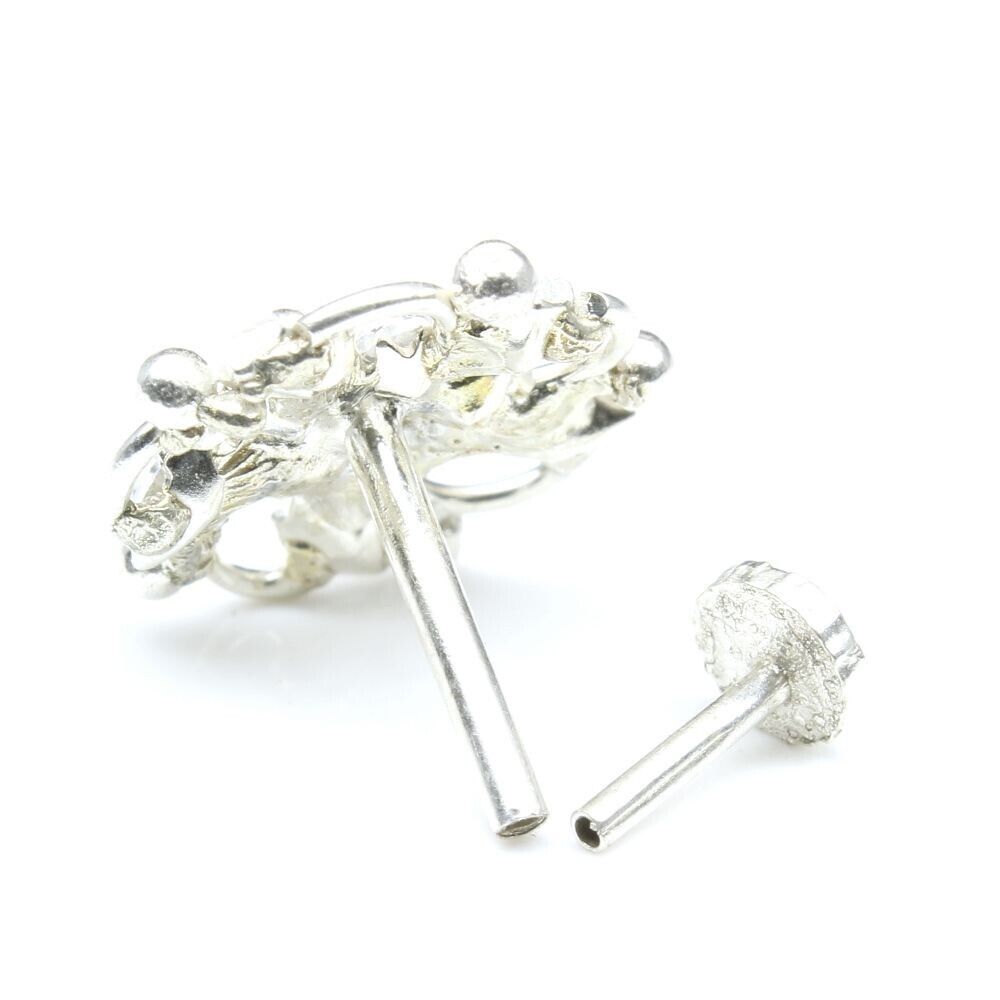 Cute Floral 925 Sterling Silver White CZ Studded Nose ring Push Pin