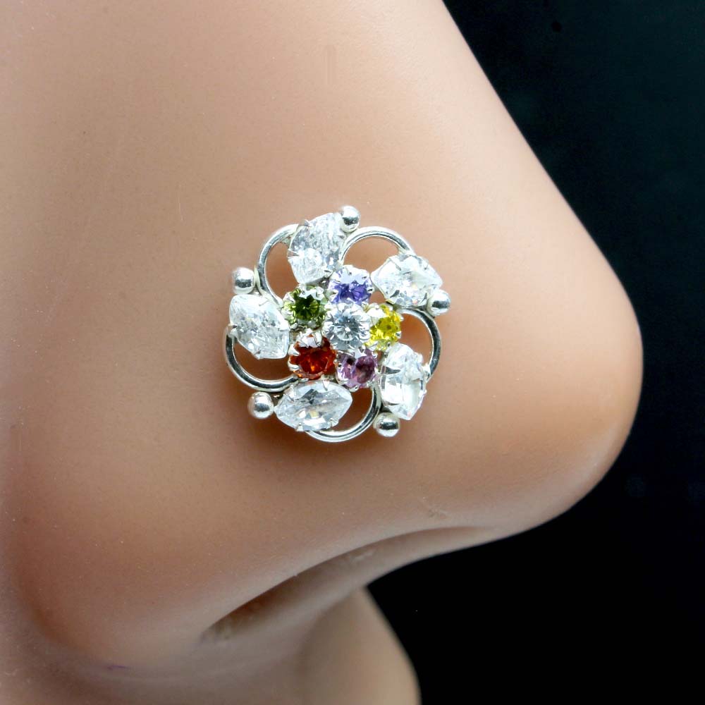 Indian Floral 925 Sterling Silver Multi CZ Twisted nose ring 22g