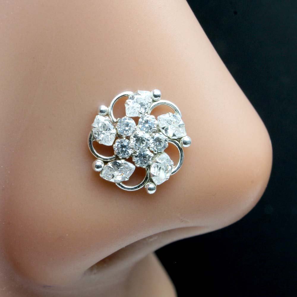 Floral 925 Sterling Silver White CZ Twisted nose ring 22g