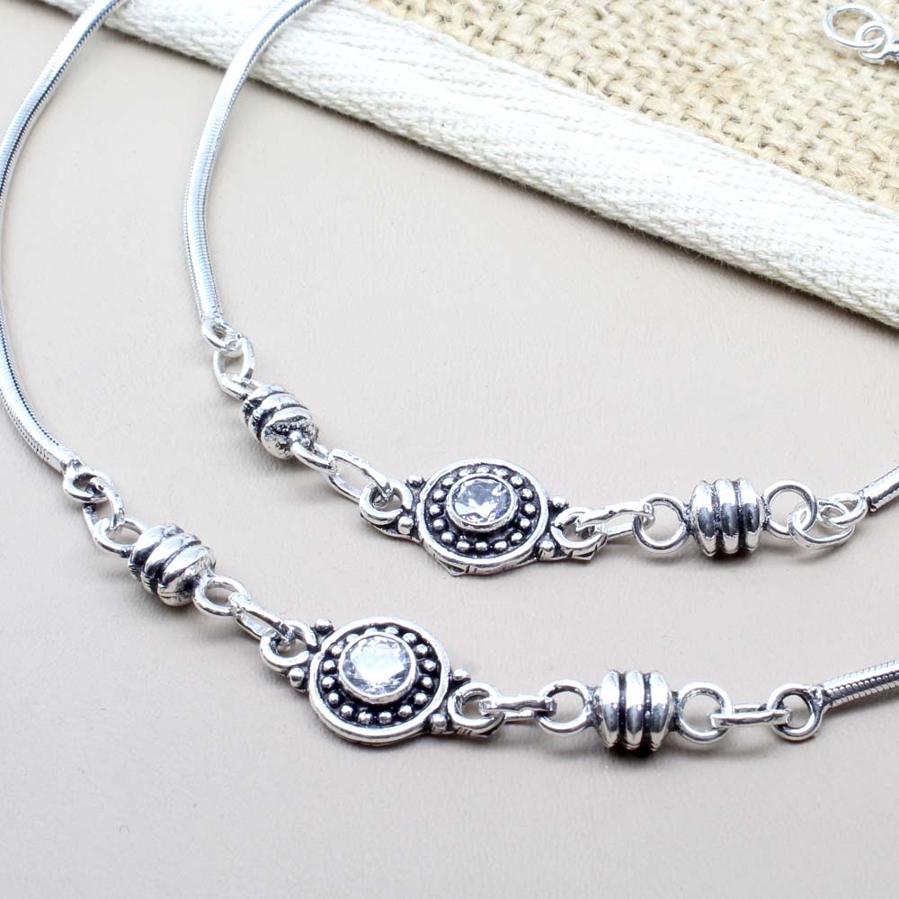 Designer Silver Anklets For Female with stones 