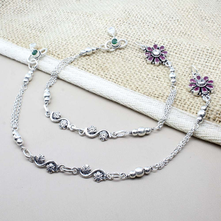 Cute Indian Oxidized Ethnic 925 Real Sterling Silver CZ Anklets Ankle 10.5"