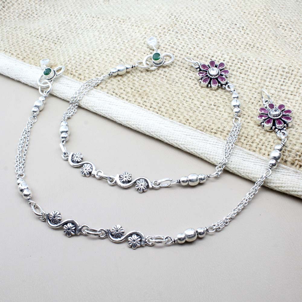 Cute Indian Oxidized Ethnic 925 Real Sterling Silver CZ Anklets Ankle 10.5"