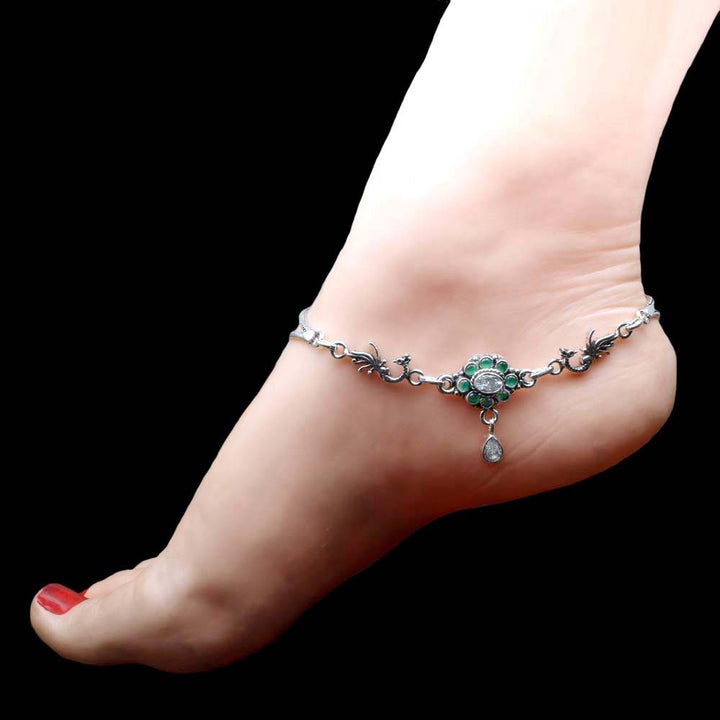Indian Style Real Solid Oxidized 925 Silver CZ Anklets Ankle 10.5"