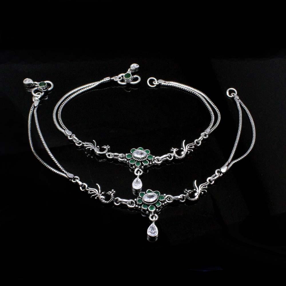 Indian Style Real Solid Oxidized 925 Silver CZ Anklets Ankle 10.5"