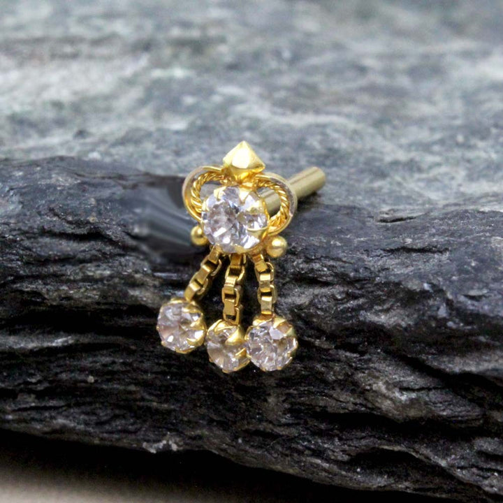Indian Style 14K Real Gold Nose stud White CZ nose ring Push Pin