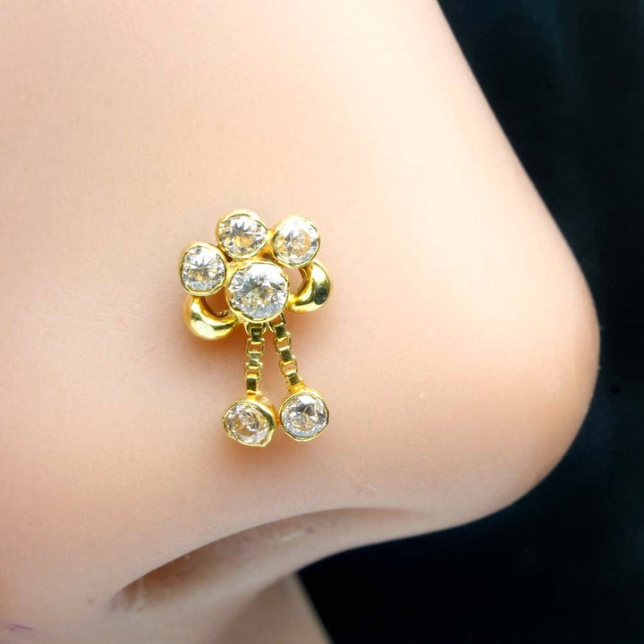 Cute Dangle Style 14K Real Gold Nose stud CZ nose ring Push Pin