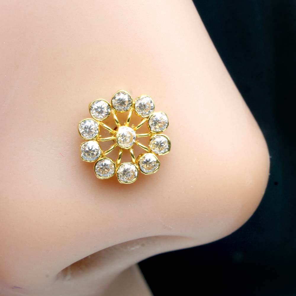 Cute Floral 14K Real Gold Nose stud CZ nose ring Push Pin