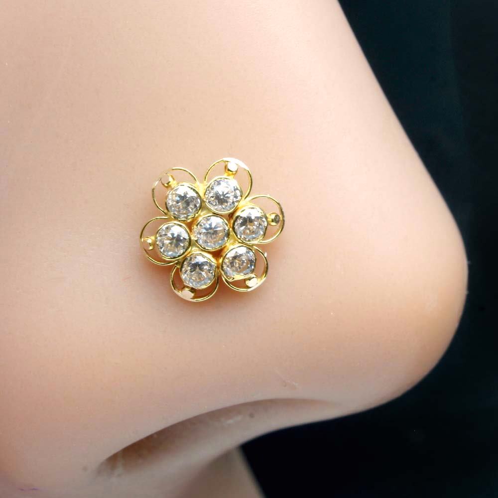 Floral Style Asian 14K Real Gold Nose stud White CZ nose ring Push Pin
