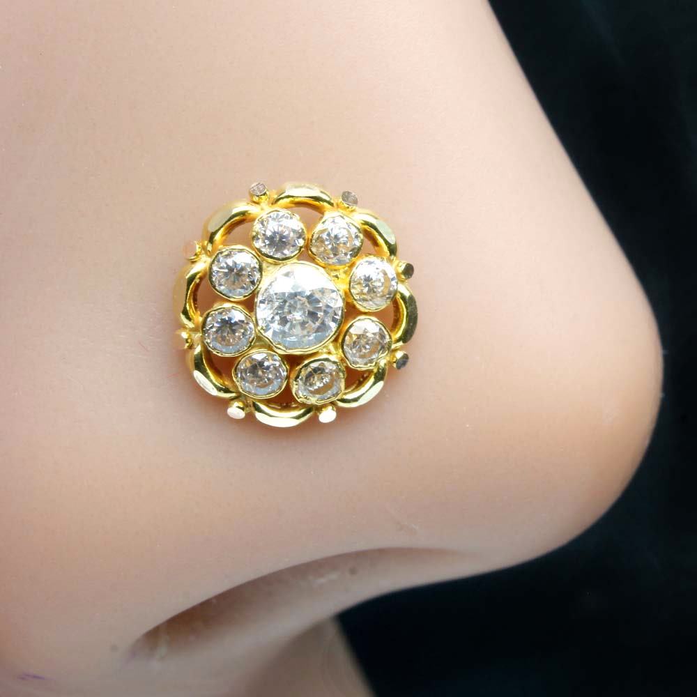 Floral Style 14K Real Gold Nose stud White CZ nose ring Push Pin