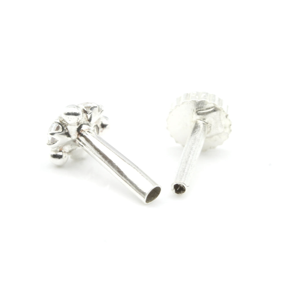 925 Sterling Silver White CZ Studded Nose ring Push Pin