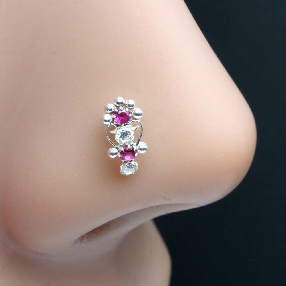 Vertical Real Silver Pink White CZ Nose ring Push Pin