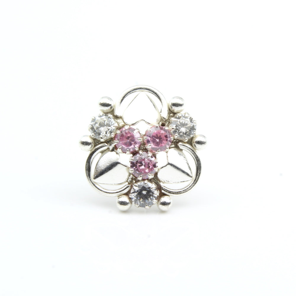 Real Silver Pink White CZ Indian Style Nose ring Push Pin